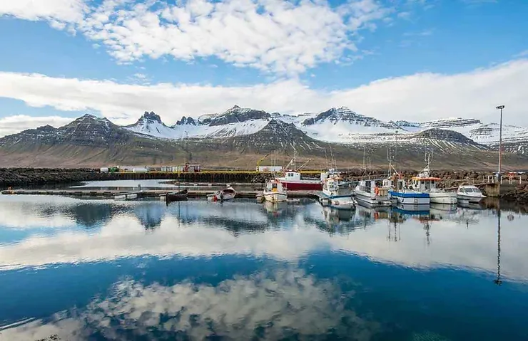 Un pittoresco porto islandese con barche colorate ormeggiate e montagne innevate riflesse nelle acque calme della baia.