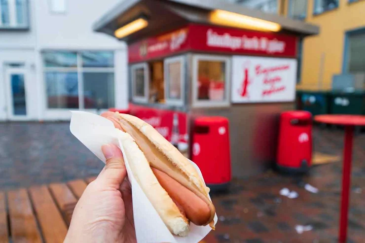 Un hot dog tradizionale islandese servito da un chiosco di strada, tenuto in mano.