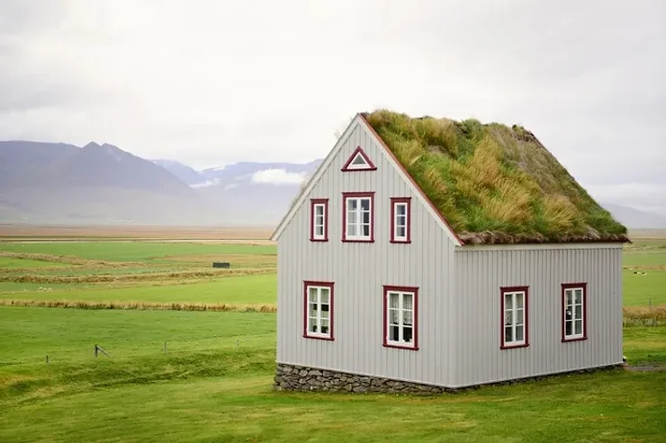 Tipica casa islandese con un tetto di torba verde immersa nella campagna, simbolo del mercato immobiliare unico dell'Islanda.