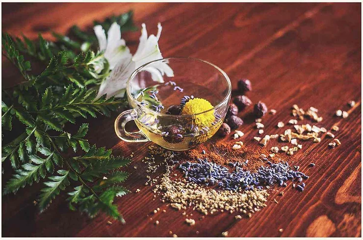 Tazza da tè circondata da ingredienti naturali come fiori e foglie secche su un tavolo di legno.