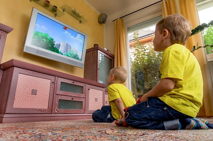 Due bambini seduti su un tappeto guardano un cartone animato su uno schermo TV. Un ambiente familiare e accogliente, ideale per articoli su educazione, intrattenimento o infanzia.
