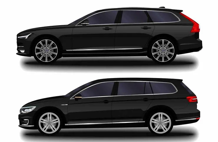 Confronto visivo tra due modelli di station wagon nere, una posizionata sopra l'altra, per mostrare differenze di design e dimensioni.
