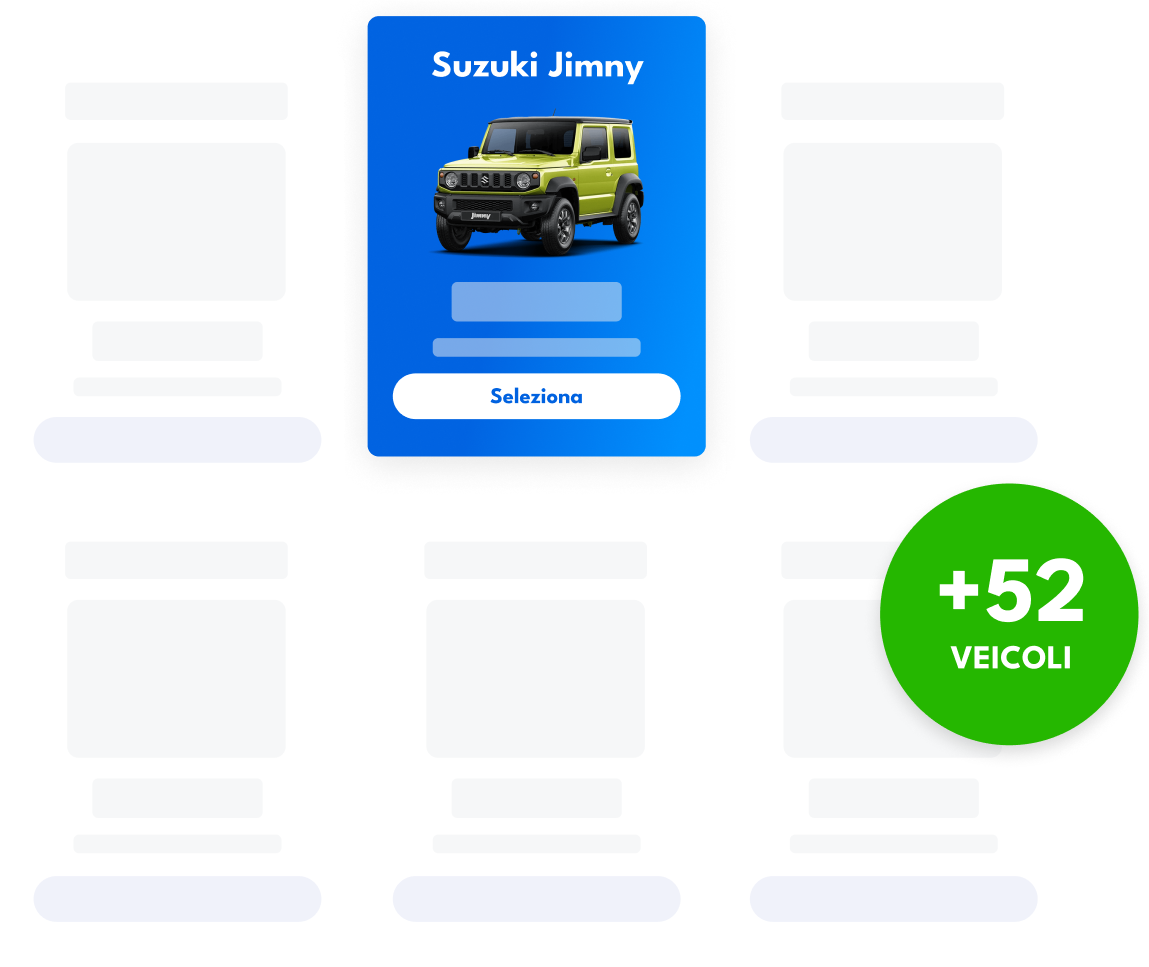 Suzuki Jimny in evidenza tra una flotta di auto a noleggio, con un badge verde che indica oltre 52 veicoli disponibili per la prenotazione.