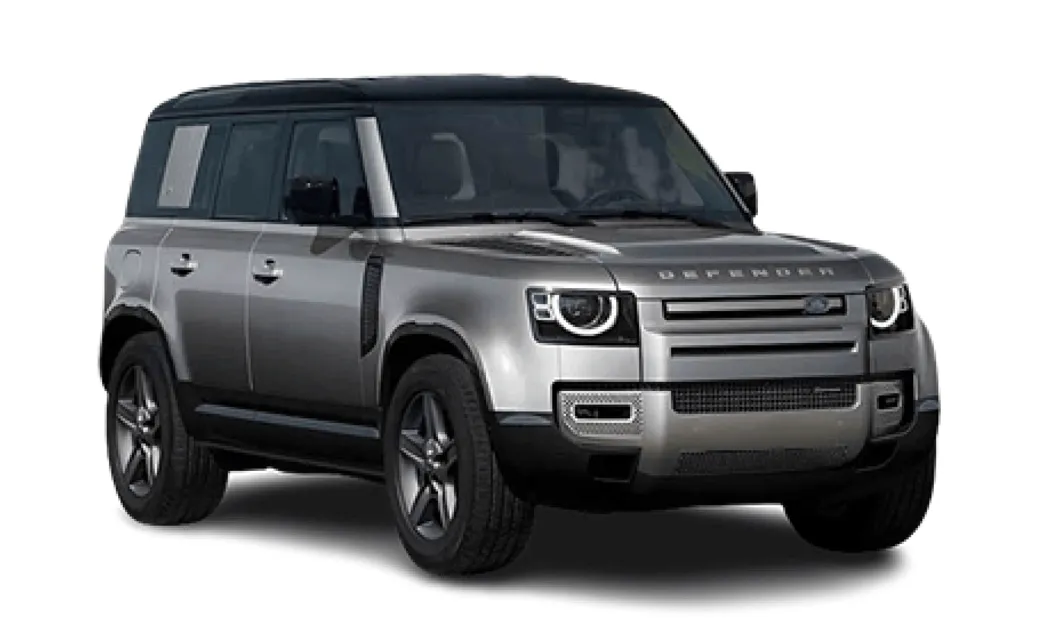 Land Rover Defender grigio, SUV 4x4 di lusso con GPS, sedili riscaldati, caricatore USB e retrocamera, ideale per affrontare i terreni difficili dell’Islanda.