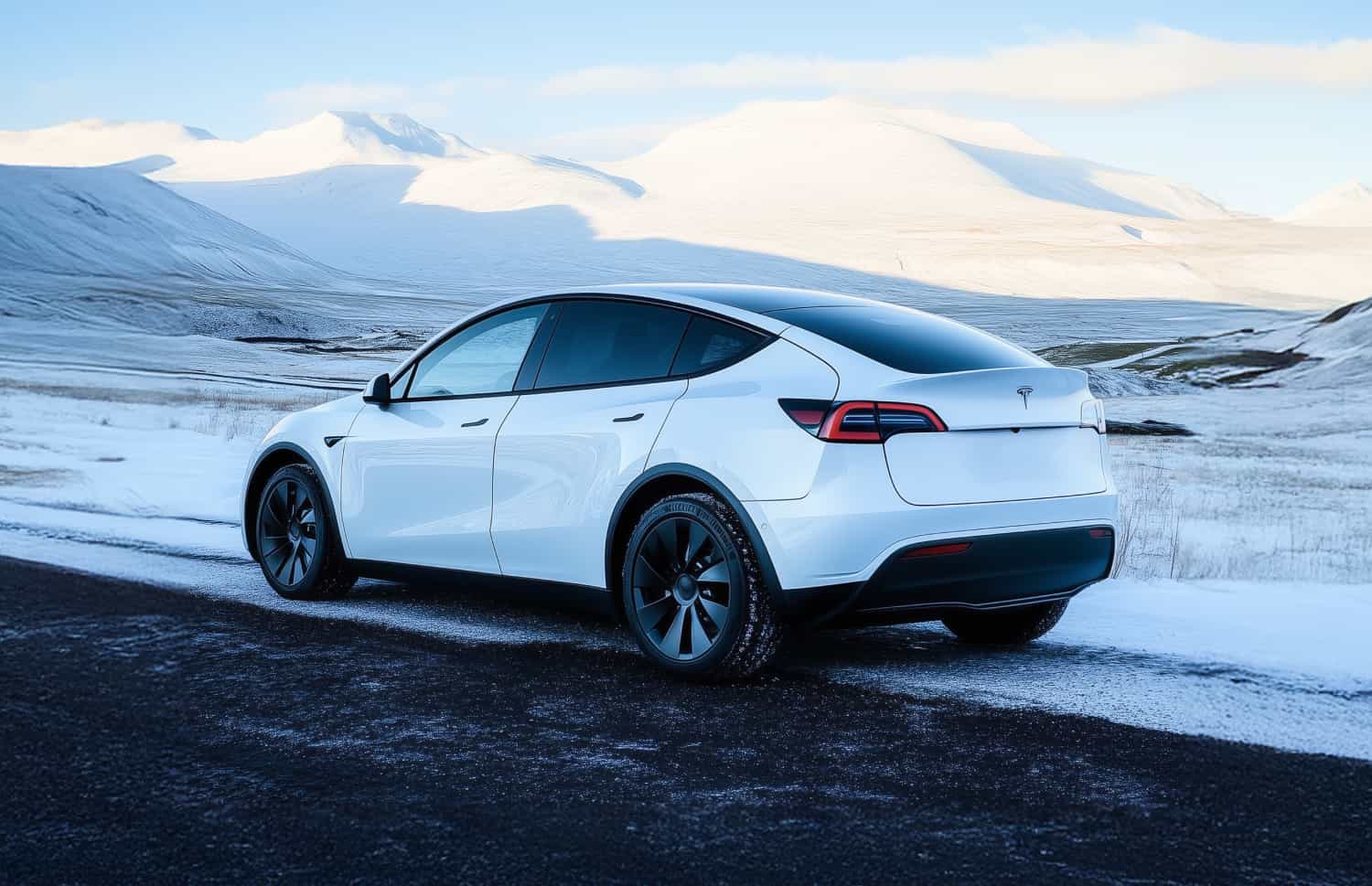 Tesla Model Y blu, SUV elettrico con cambio automatico, GPS, retrocamera, sedili riscaldati e spazio per 5 passeggeri e 2 bagagli in Islanda.