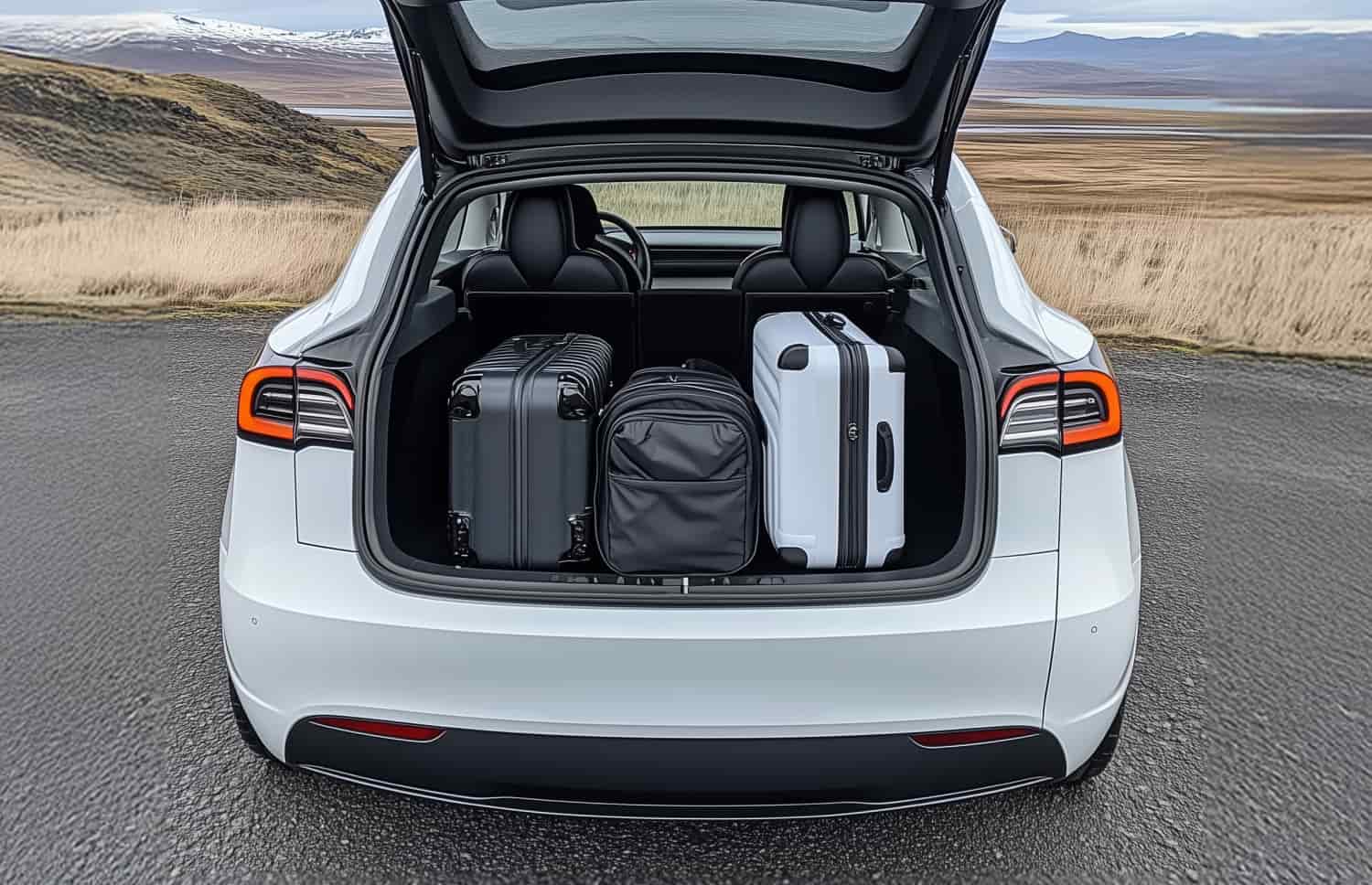 Tesla Model Y blu, SUV elettrico con cambio automatico, GPS, retrocamera, sedili riscaldati e spazio per 5 passeggeri e 2 bagagli in Islanda.